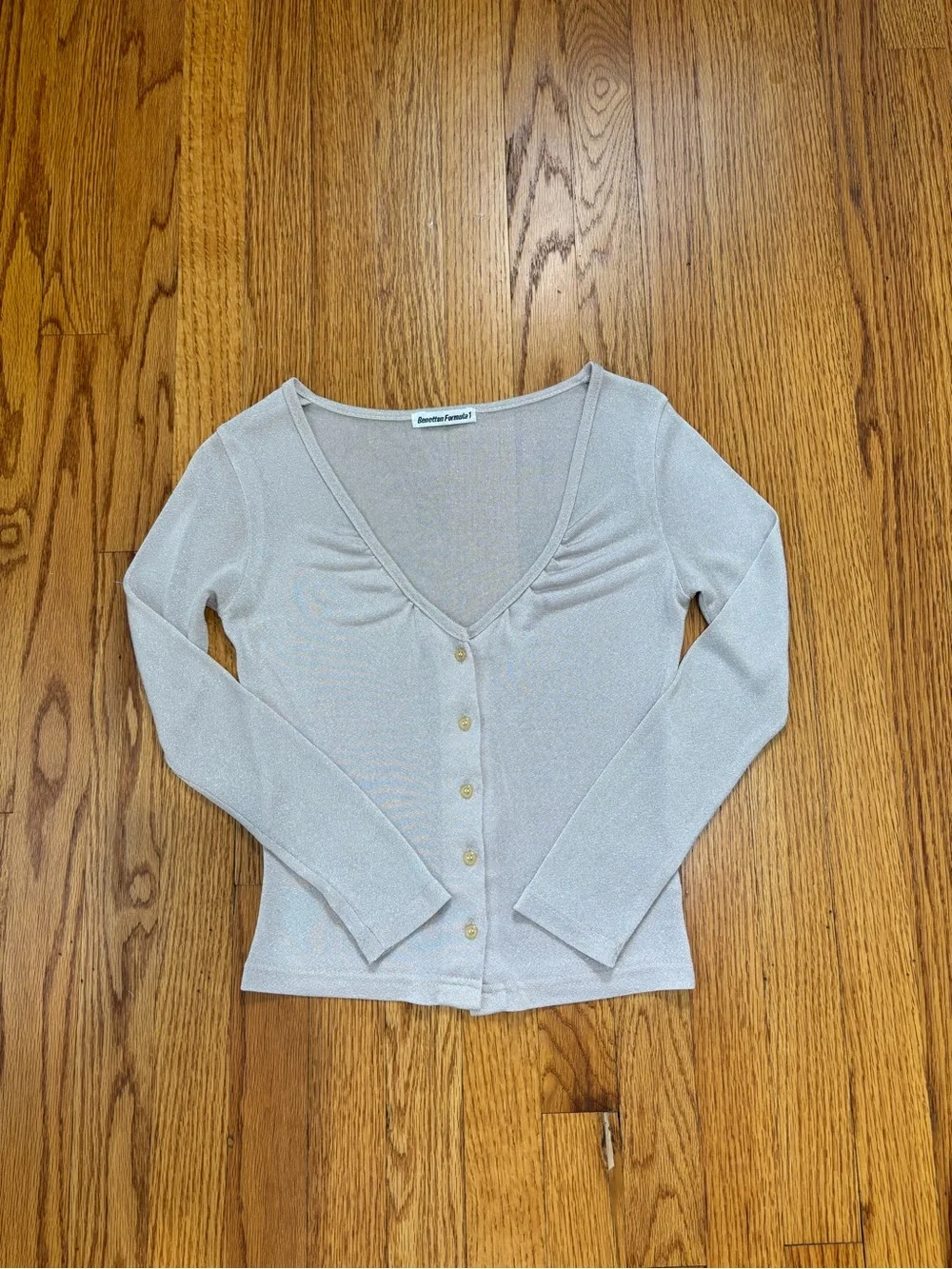 Vintage Benetton Formula 1 Metallic button up long sleeve sheer crop cardigan XS